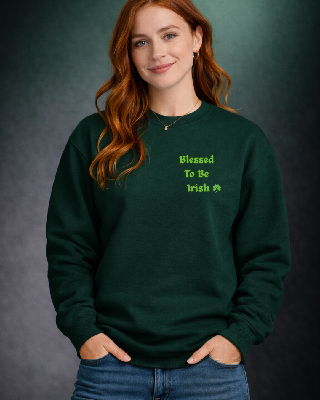 Blessed To Be Irish Embroidered Crewneck Sweatshirt – St Patrick’s Day Shamrock Pullover – Gildan 18000 Unisex