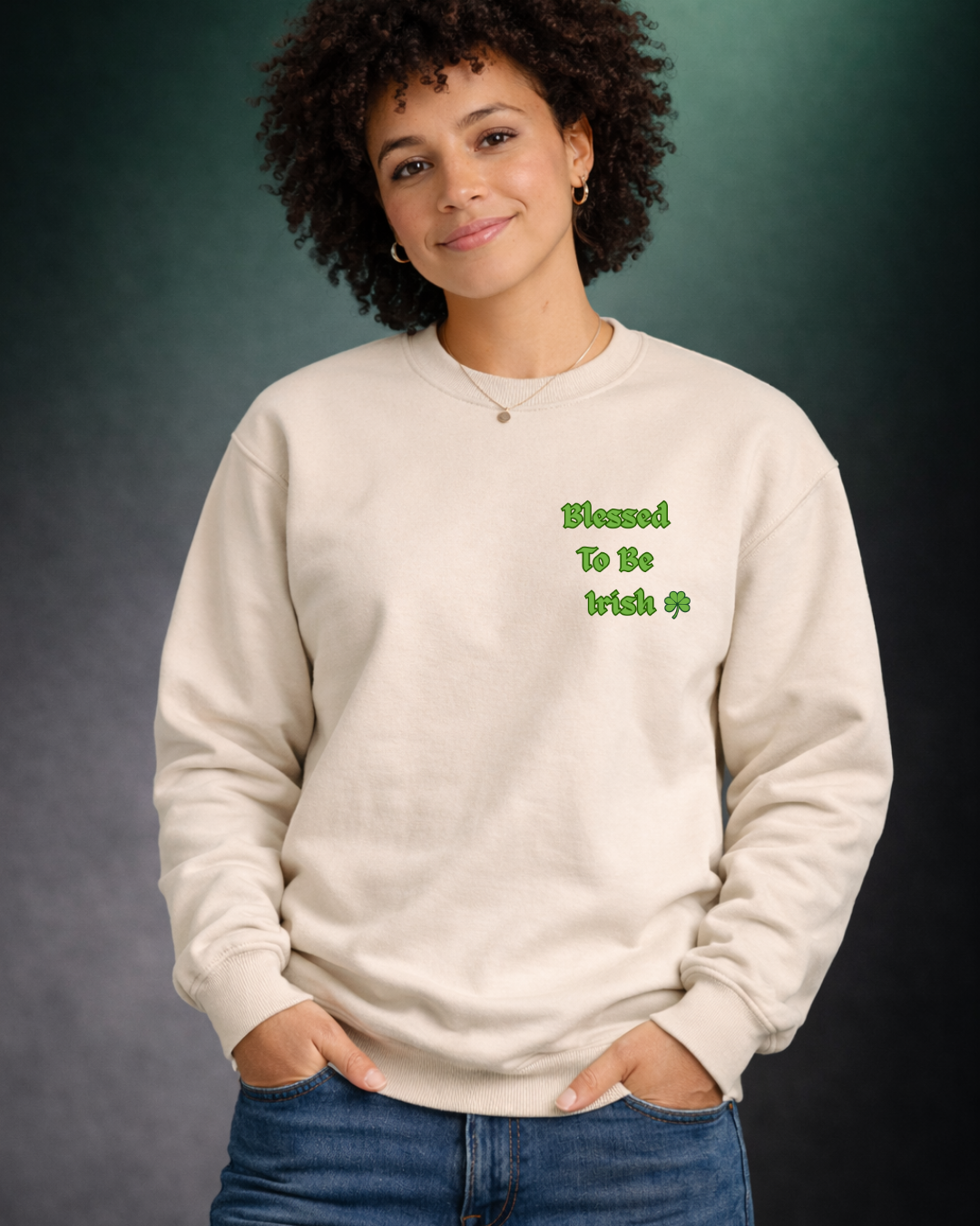 Blessed To Be Irish Embroidered Crewneck Sweatshirt – St Patrick’s Day Shamrock Pullover – Gildan 18000 Unisex
