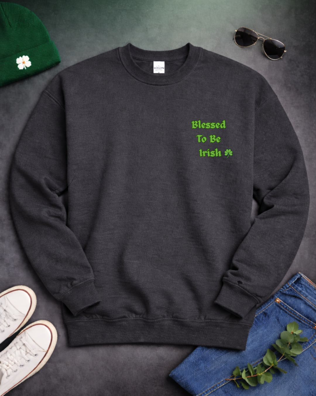 Blessed To Be Irish Embroidered Crewneck Sweatshirt – St Patrick’s Day Shamrock Pullover – Gildan 18000 Unisex