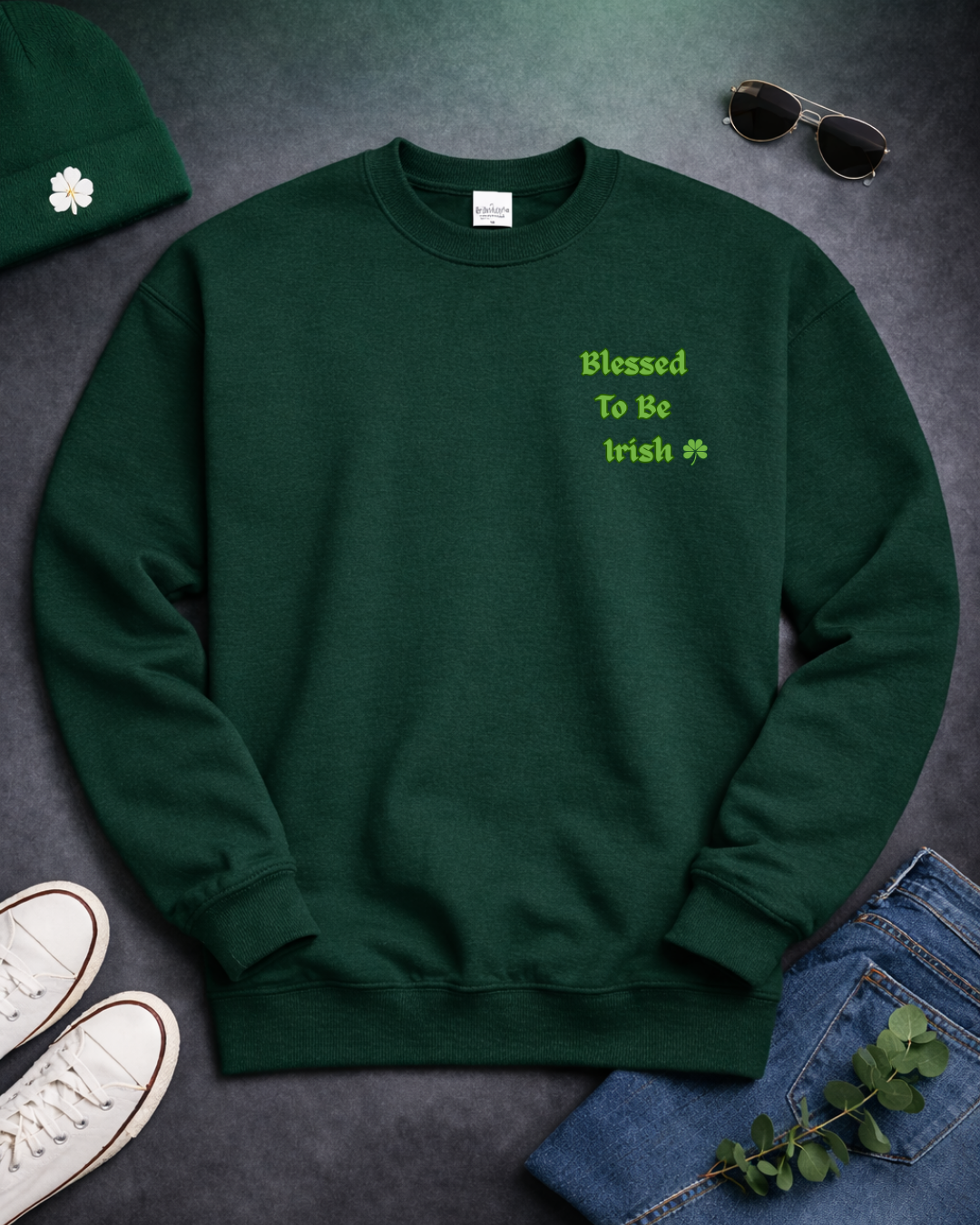 Blessed To Be Irish Embroidered Crewneck Sweatshirt – St Patrick’s Day Shamrock Pullover – Gildan 18000 Unisex