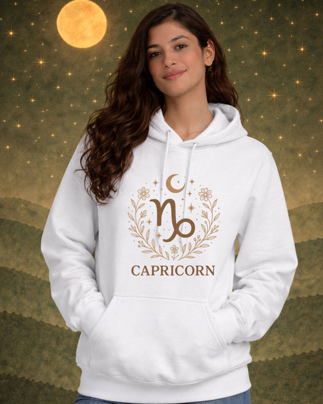 Capricorn Zodiac Hoodie – Celestial Botanical Astrology Pullover Sweatshirt | Gildan 18500 Unisex