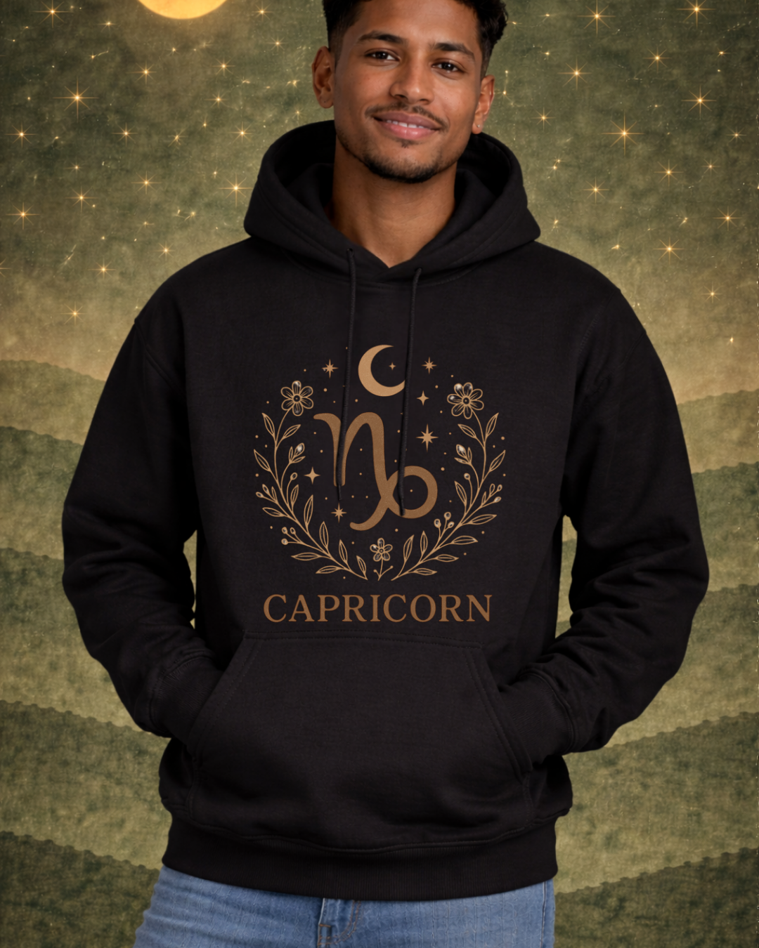 Capricorn Zodiac Hoodie – Celestial Botanical Astrology Pullover Sweatshirt | Gildan 18500 Unisex