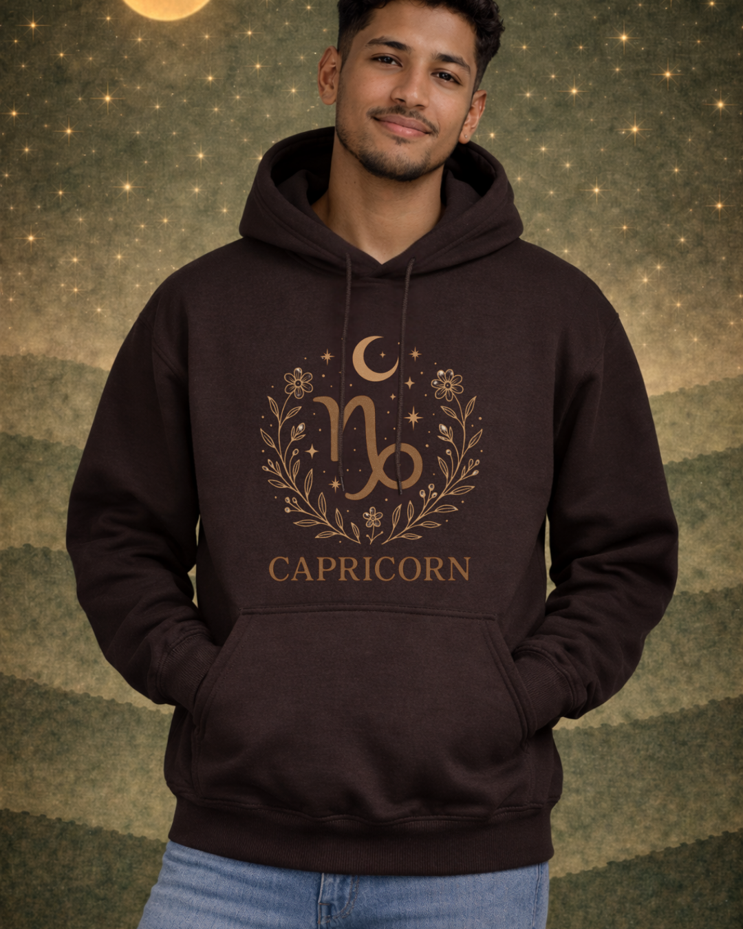 Capricorn Zodiac Hoodie – Celestial Botanical Astrology Pullover Sweatshirt | Gildan 18500 Unisex