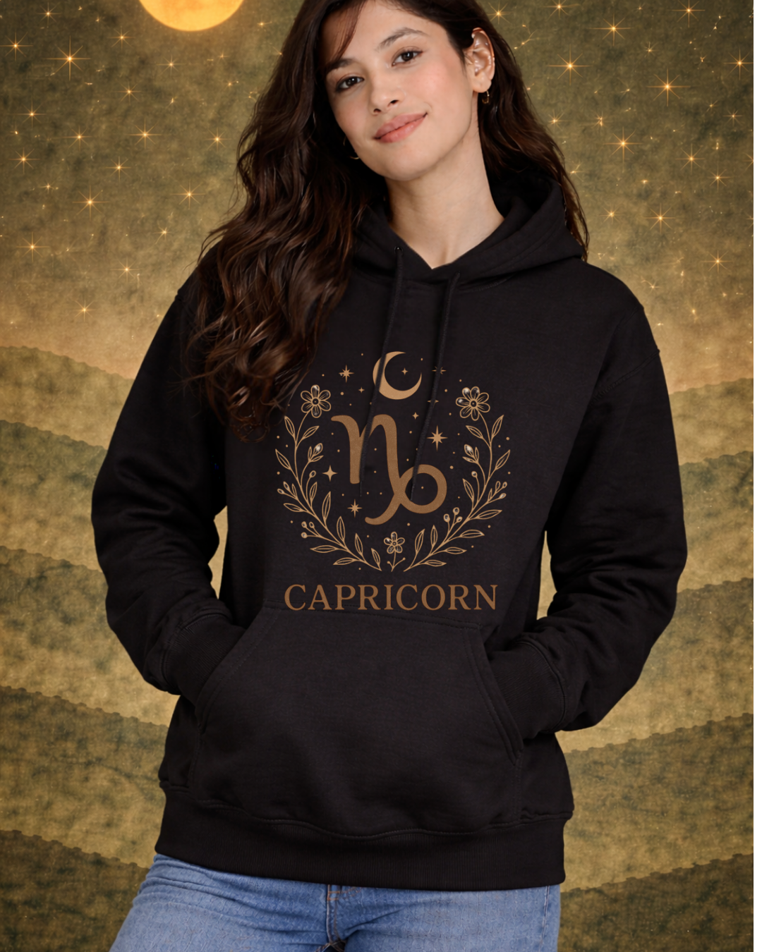 Capricorn Zodiac Hoodie – Celestial Botanical Astrology Pullover Sweatshirt | Gildan 18500 Unisex