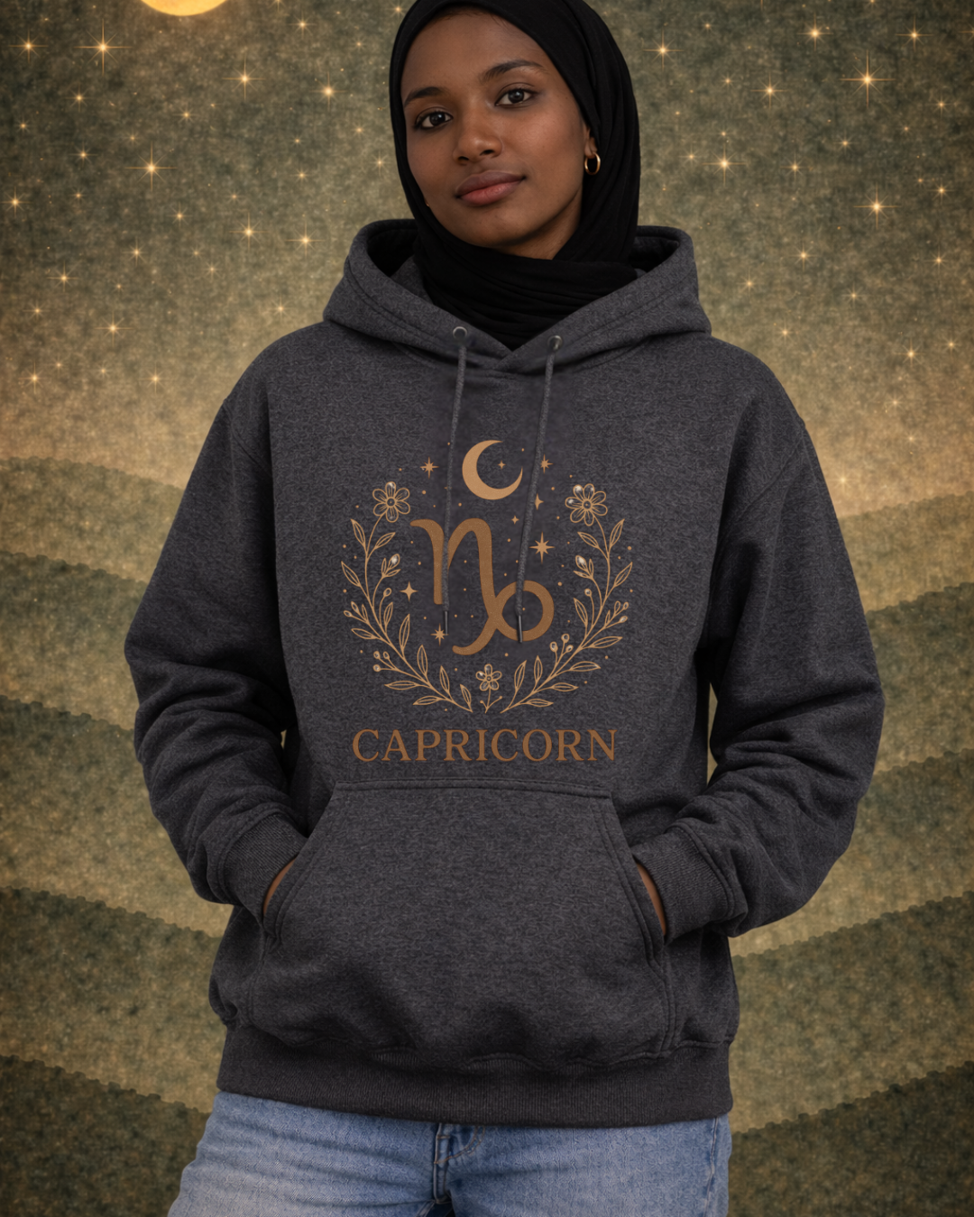 Capricorn Zodiac Hoodie – Celestial Botanical Astrology Pullover Sweatshirt | Gildan 18500 Unisex