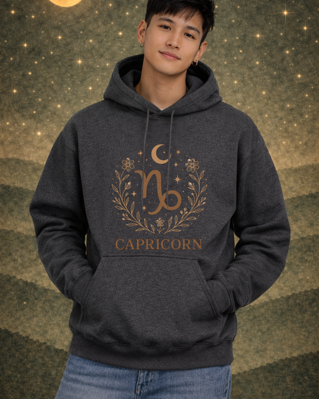 Capricorn Zodiac Hoodie – Celestial Botanical Astrology Pullover Sweatshirt | Gildan 18500 Unisex