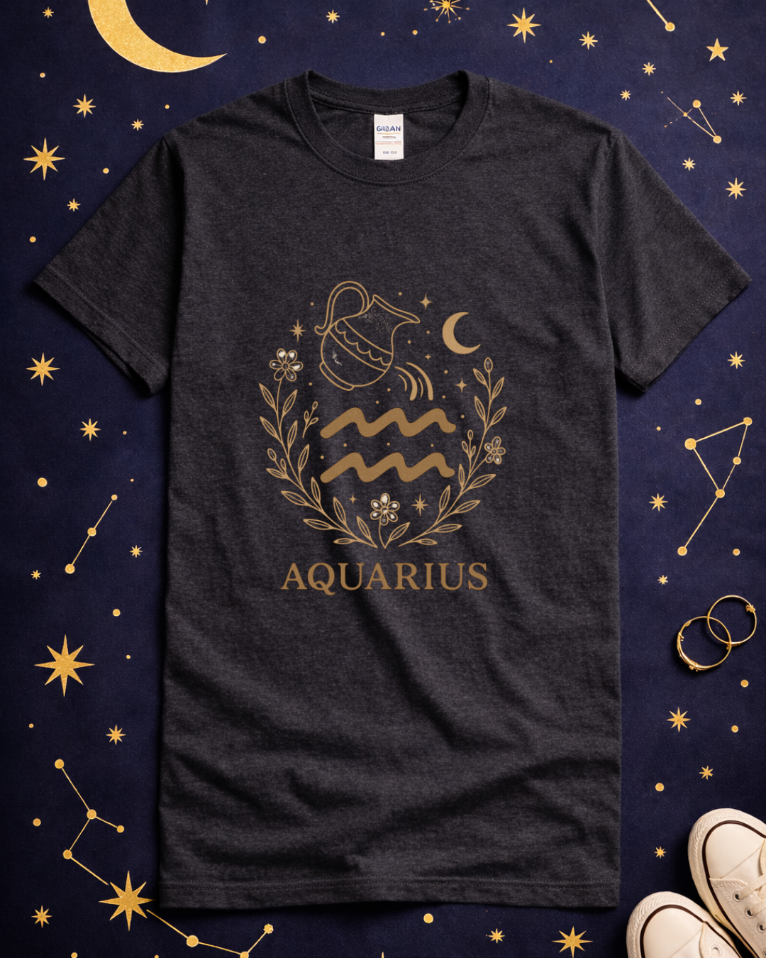 Aquarius Zodiac T-Shirt – Vintage Astrology Graphic Tee – Aquarius Horoscope Shirt – Celestial Zodiac Apparel – Gildan 64000 Softstyle