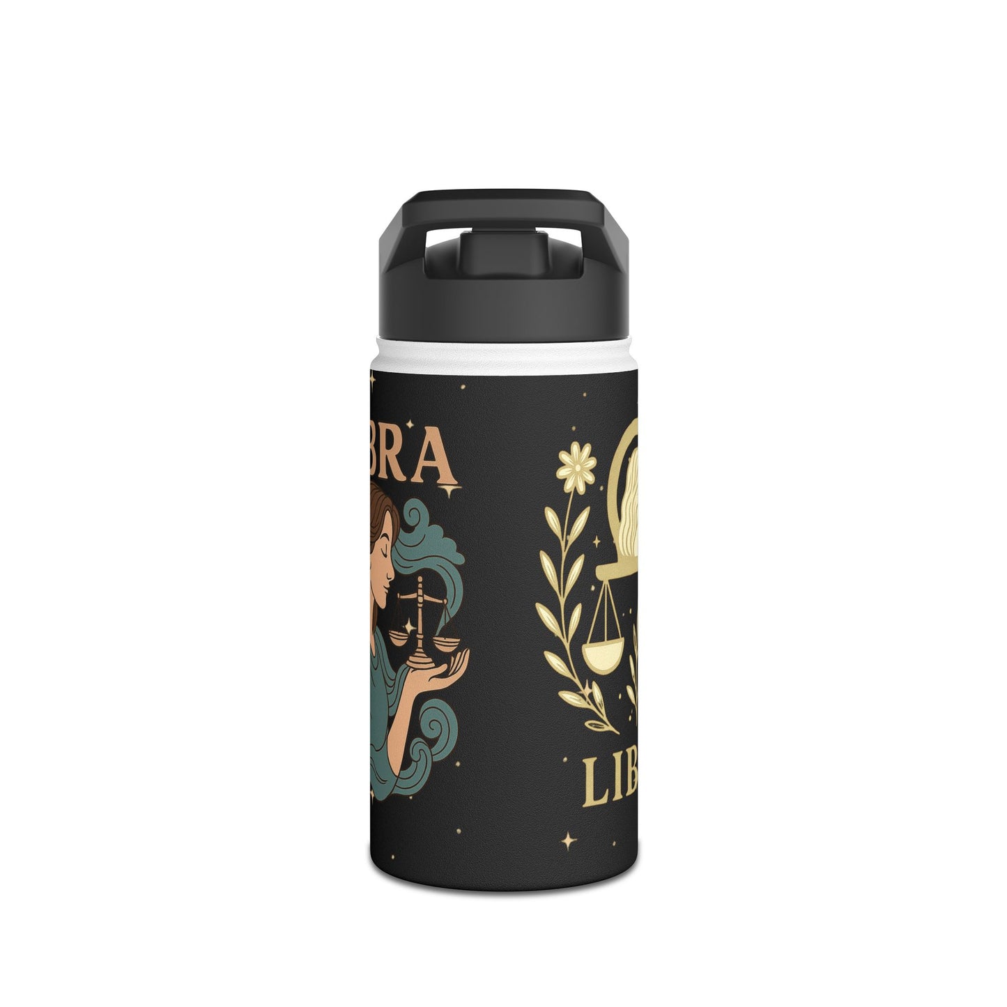 Libra Zodiac 32oz Insulated Water Bottle – Black & Gold Astrology Tumbler with Straw Lid