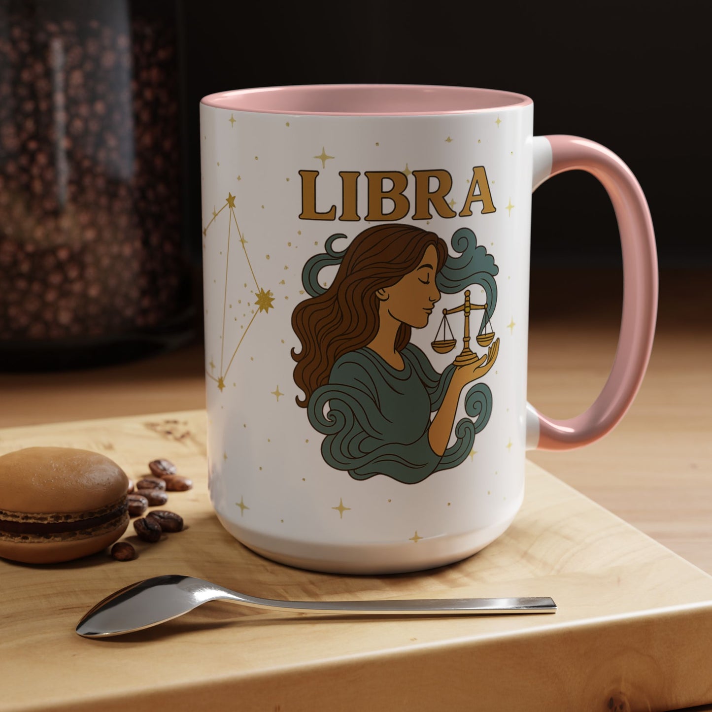 Libra Zodiac 15oz Ceramic Mug – Teal Handle Astrology Coffee Cup for Air Signs