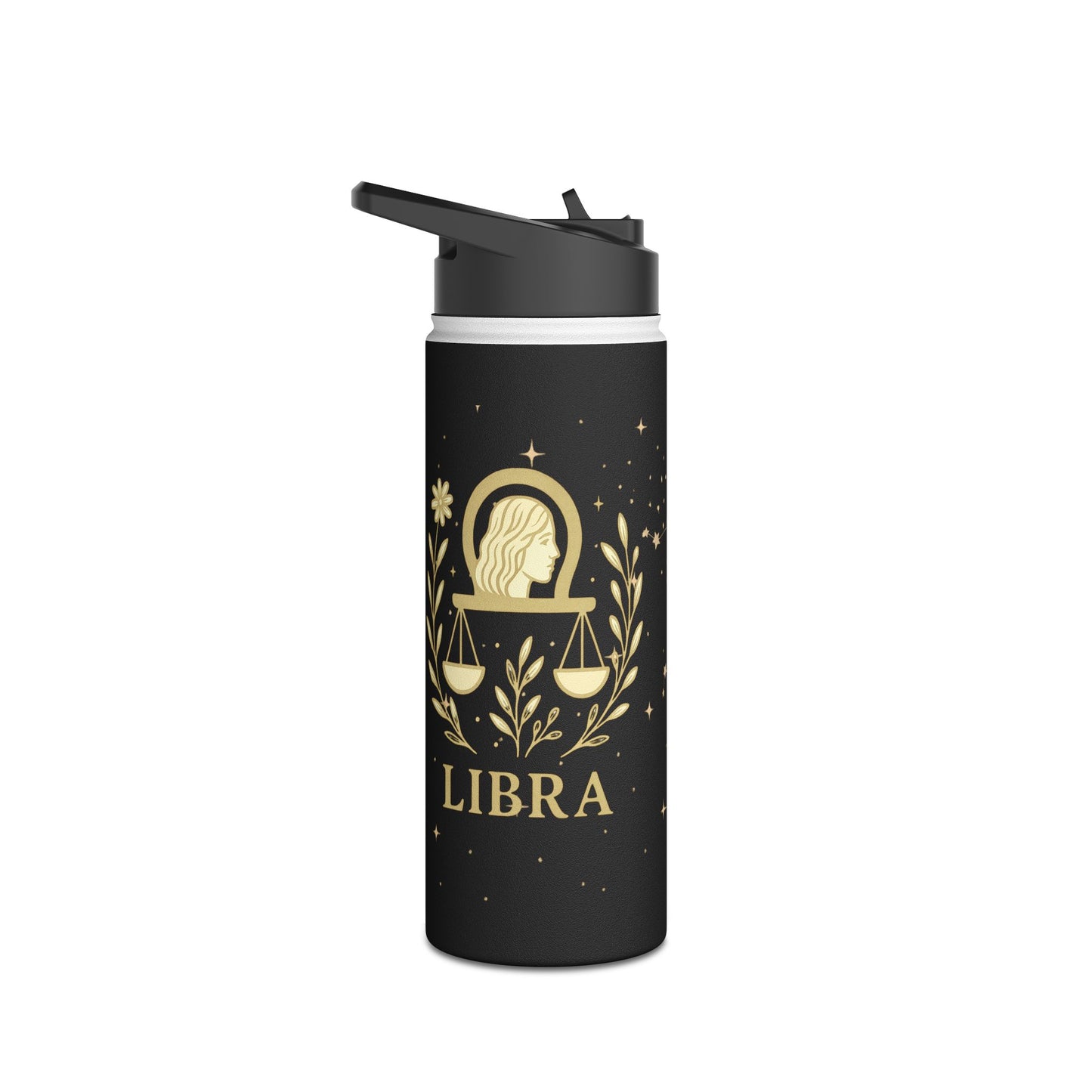 Libra Zodiac 32oz Insulated Water Bottle – Black & Gold Astrology Tumbler with Straw Lid