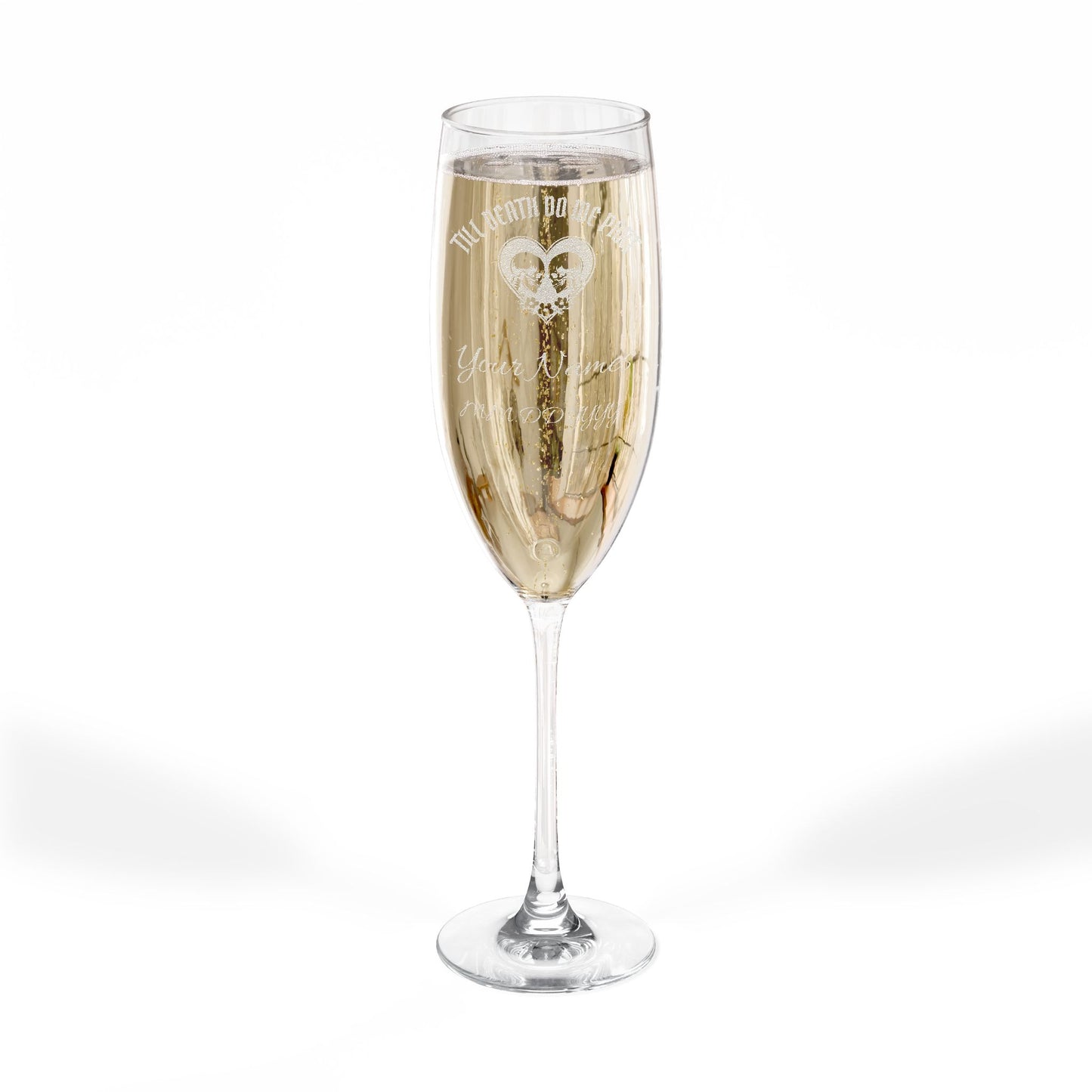 Personalized Gothic Champagne Glass | Till Death Do Us Part | Engraved Flute with Custom Names & Date